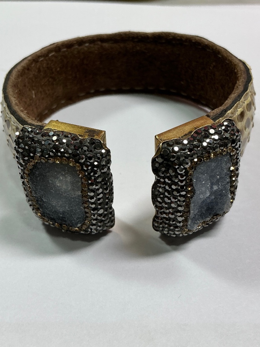 Authentic Sterling Silver Handmade Gray Druzy & Python Skin Bracelet. 2 & 3/8”
